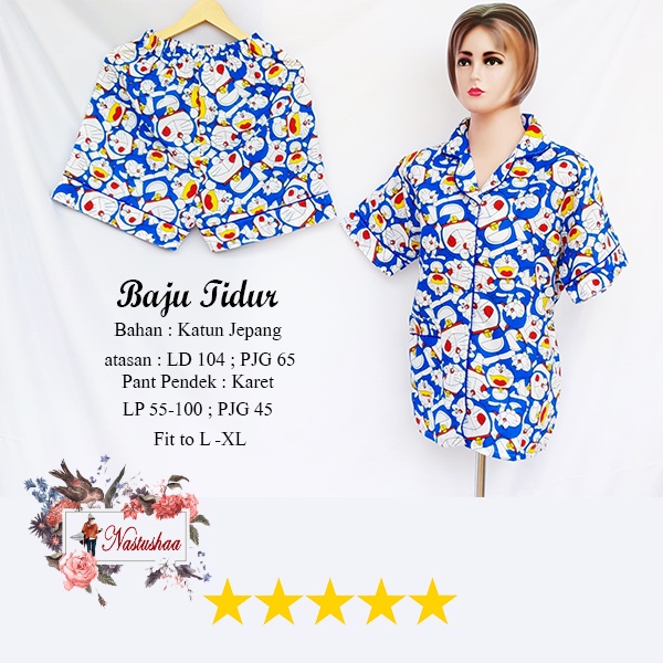 2in1 Piyama/Baju Tidur Wanita Dewasa Doraemon/L Fit to XL Pajamas Set Model Pendek Bahan Katun Jepang Motif Karakter Doraemon Kancing Depan Busui Friendly