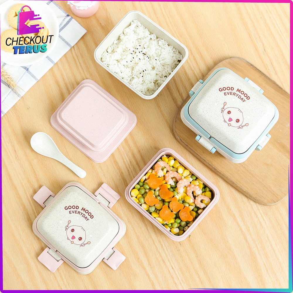 CT C692 Tempat Bekal Bento Set Microwavable Good Mood Everyday Portable BPA FREE Anti Tumpah Free Sendok Bahan PP Jerami Gandum Kotak Makan Lunch Box Set