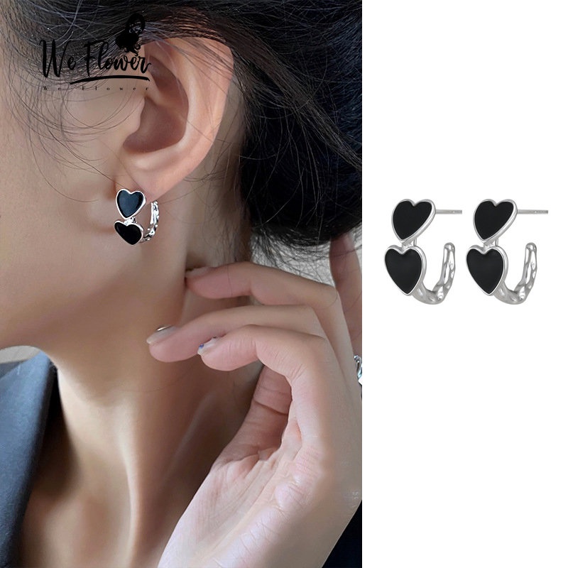 We Flower Anting Hoop s925 Silver Desain Hati Warna Hitam Gaya Punk Untuk Wanita
