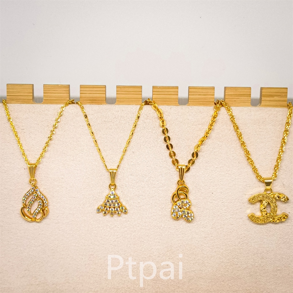 Wanita Kalung＋Liontin Terbaru motif batu kristal fashion Lapis Emas 24k gold Titanium Perhiasan Korea