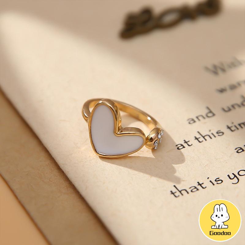 Cincin Model Terbuka Adjustable Desain Hati Hias Berlian Imitasi Untuk Wanita -Doo