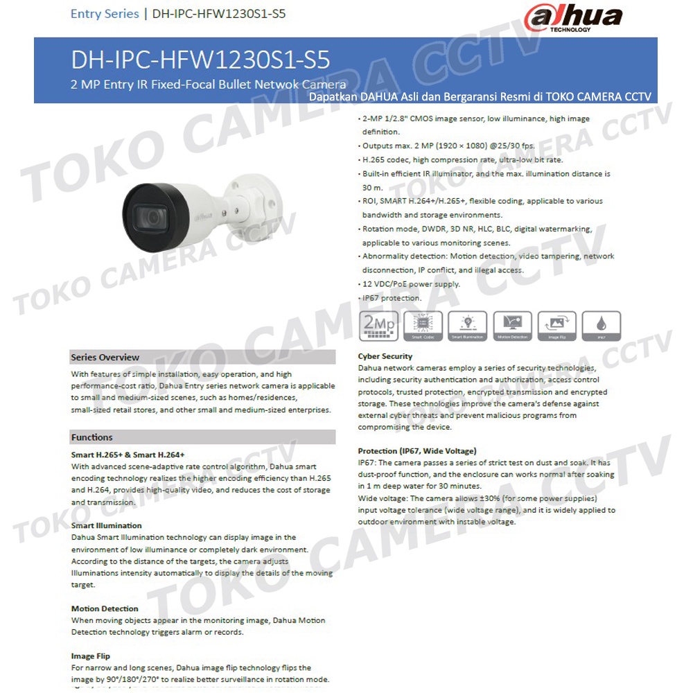 IP CAMERA 2MP DAHUA IPC-HFW1230S1-S5 IP KAMERA CCTV 1080P POE