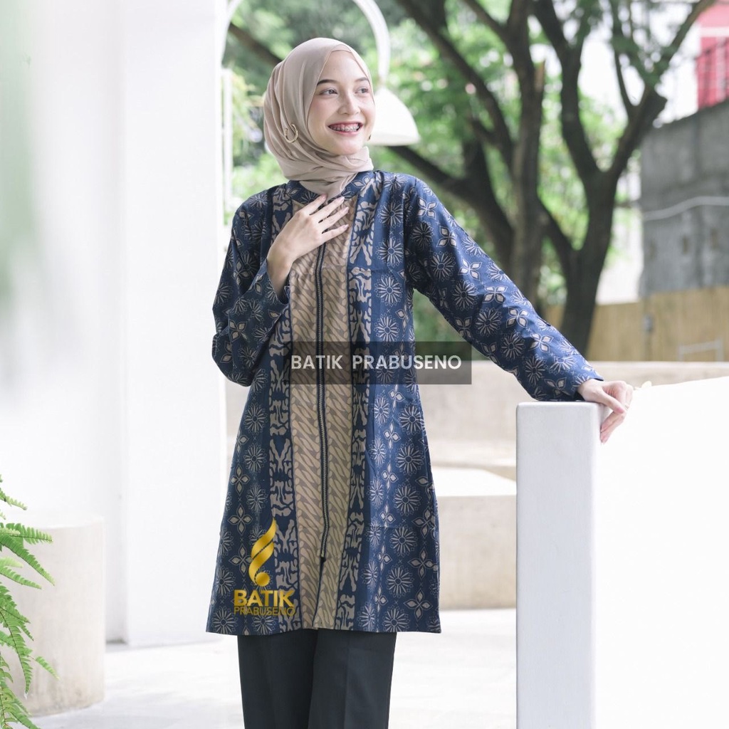 Batik Prabuseno Motif Hanum Navy Tunik Batik Wanita Terbaru Modern Jahitan Rapi Solo Ukuran Size S M