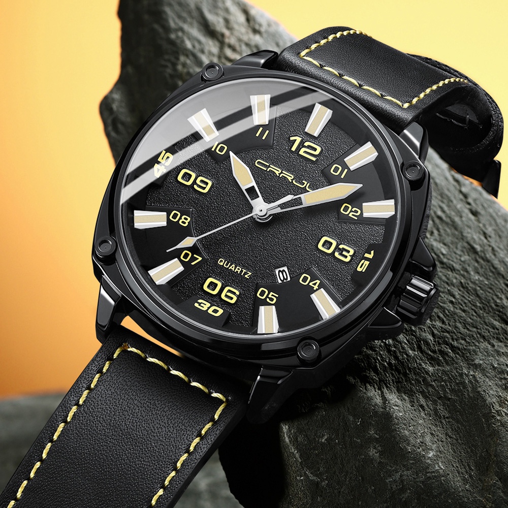 【COD】CRRJU Jam Tangan Pria Original Anti Air Kulit Tahan Keren kalender Otomatis Men Watch