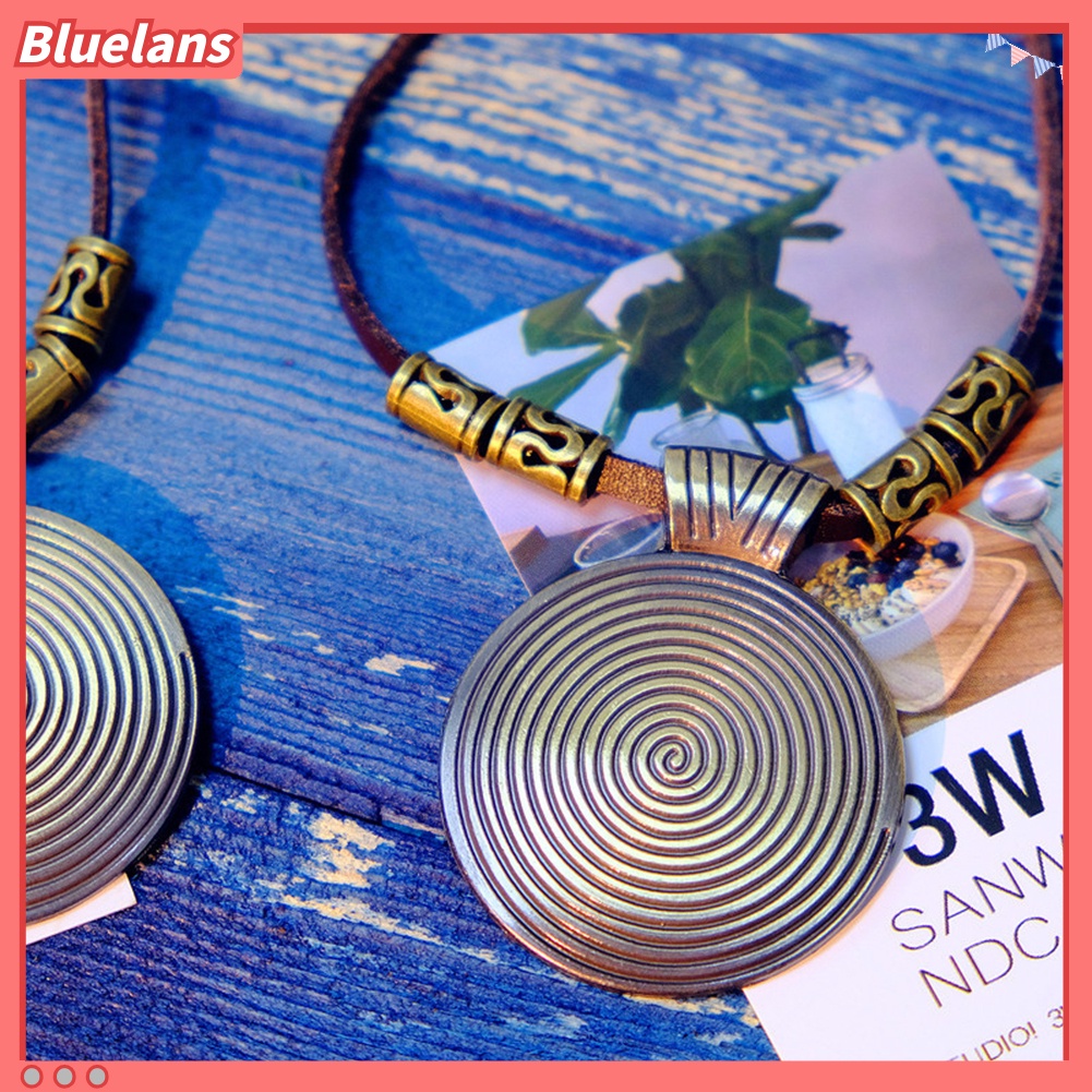 Bluelans Vintage Women Ethnic Faux Leather Spiral Disc Round Pendant Sweater Necklace