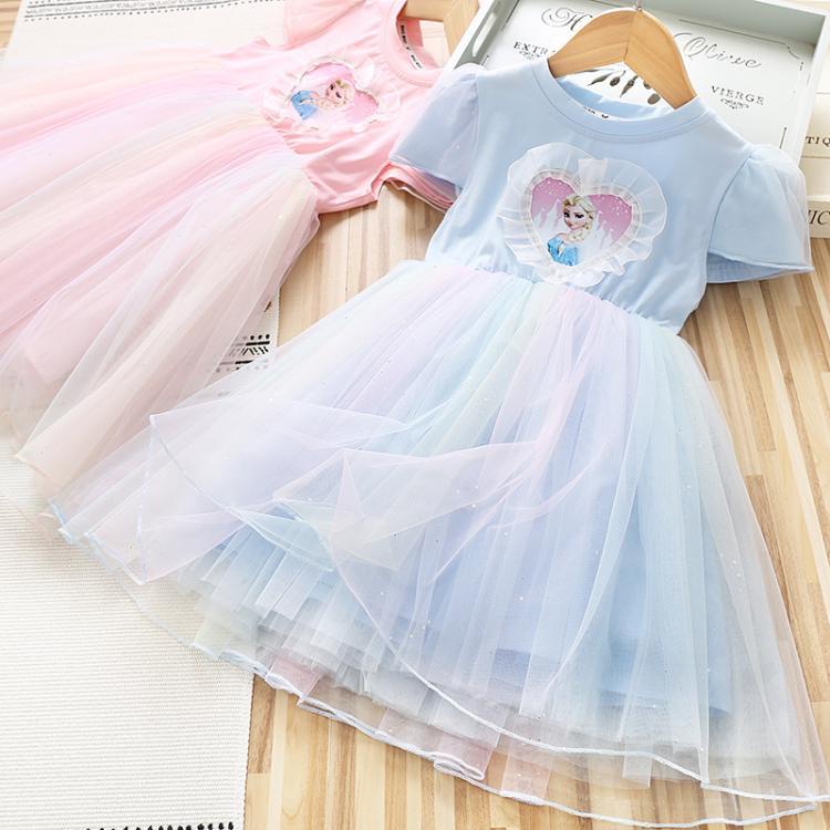 Anak Perempuan Frozen Elsa Dicetak Tulle Princess Dress Anak Lengan Panjang Elsa Gaun Pesta