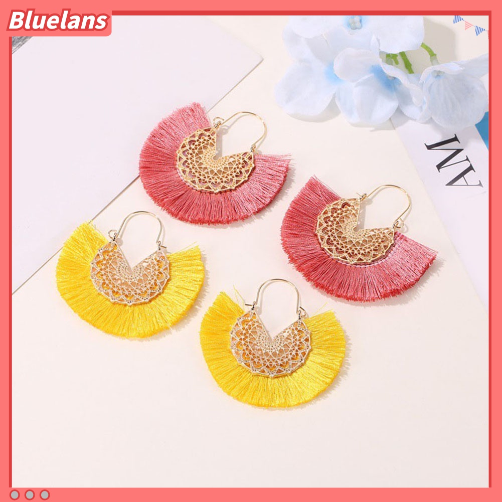 Anting Hoop Rumbai Bentuk Kipas Motif Bunga Gaya Bohemian Untuk Wanita