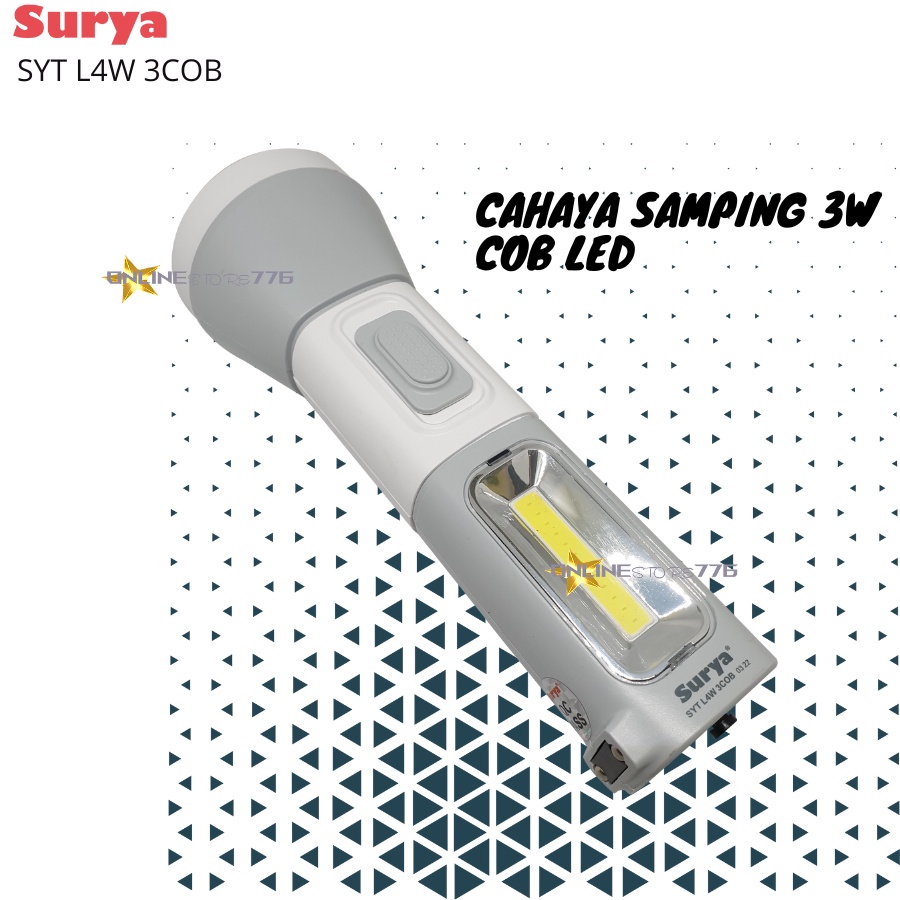 Surya Lampu Senter LED Super Terang SYT L4W + 3COB LED Super Terang Rechargeable Jarak Cahaya 500 Meter 6 Jam Lampu Senter Emergency Super LED 4W + 3COB LED COB dikenal untuk rasio lumen per watt dan efisiensi panas yang lebih baik. Menggunakan batrei cas