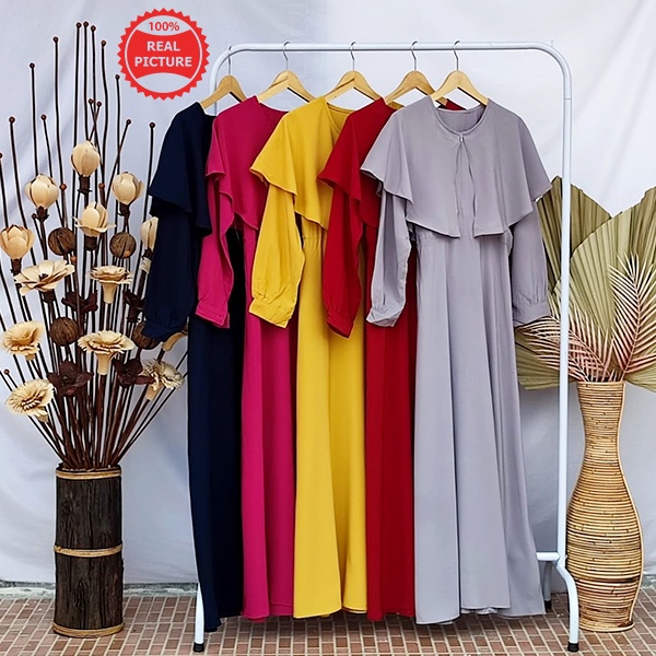 Gamis Syari Wanita Wolly Crepe Terbaru Terusan Aksen Layer Depan Belakang Busui Friendly Maxi Cewek Remaja Muslimah Modis Free Pashmina