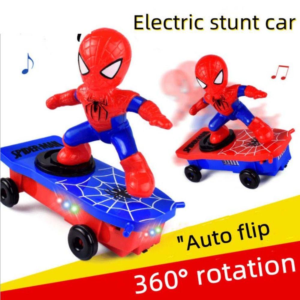 Needway   Spider-Man Mainan Musik Hadiah Ulang Tahun Marvel Acousto-optic Anime Action Figure Spider Man Model Mainan Mobil Mainan Stunt Scooters Flip Otomatis