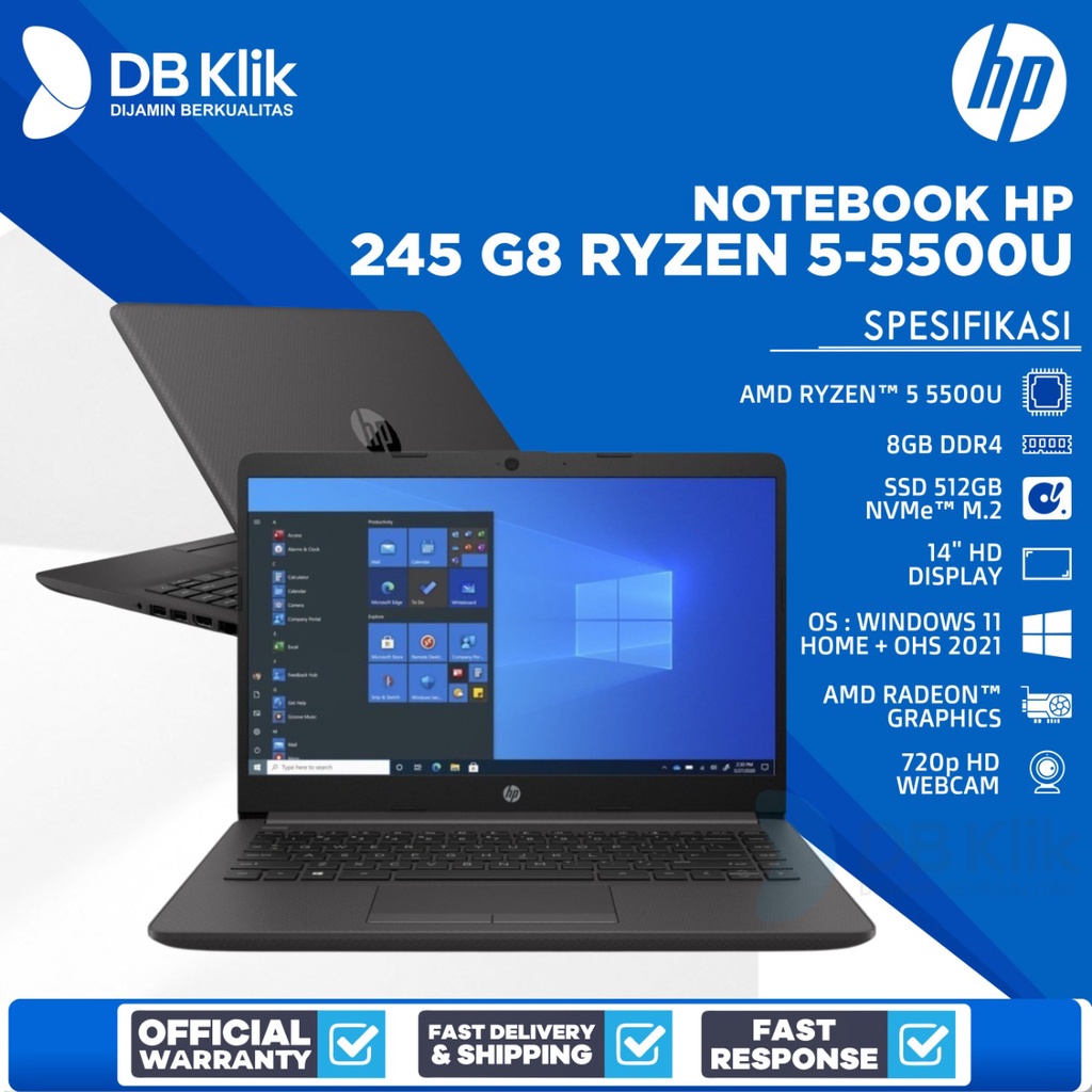 Notebook HP 245 G8 Ryzen 5-5500U 8GB SSD 512GB NoDVD Windows 11 14"