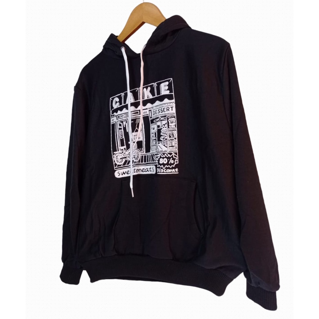 Sweater Hoodie Pria Cake Hitam Bahan Fleece Tebal