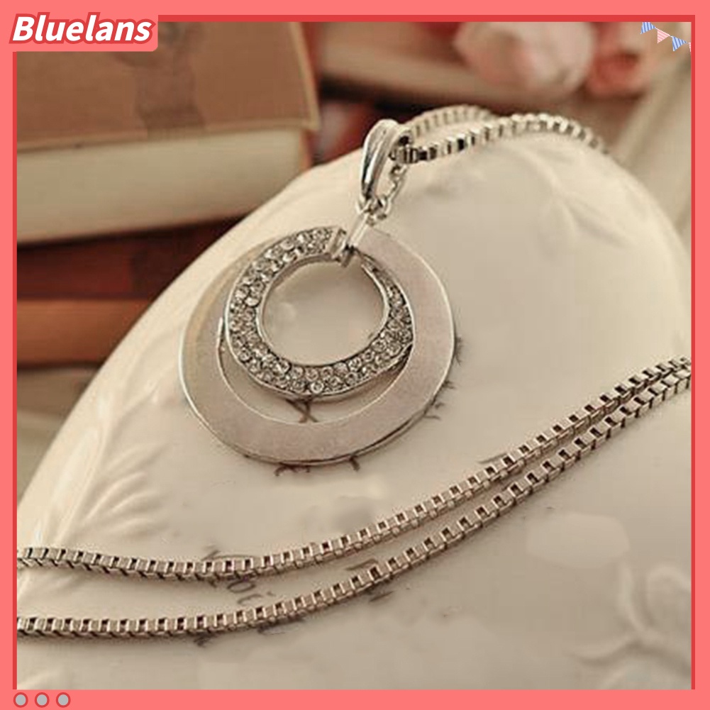 Bluelans Women Fashion Double Circles Rhinestone Inlaid Long Chain Necklace Jewelry Gift