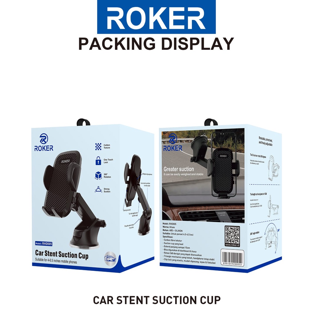 Holder Roker RHD005 car stent suction cup - Carbon fibre tekstur  - Suction cup yang kuat  - Extend panjang sampai 15cm  - Bisa digunakan di dashboard &amp; kaca  - Rotasi 360 derajat yang dapat disesuaikan