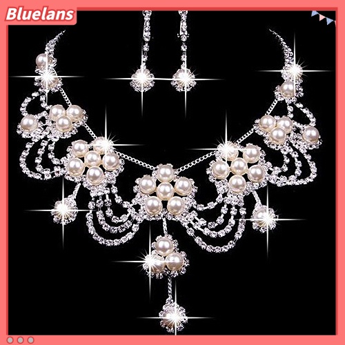 Bluelans Women Luxury Rhinestone Faux Pearl Necklace Earring Wedding Bridal Jewelry Set