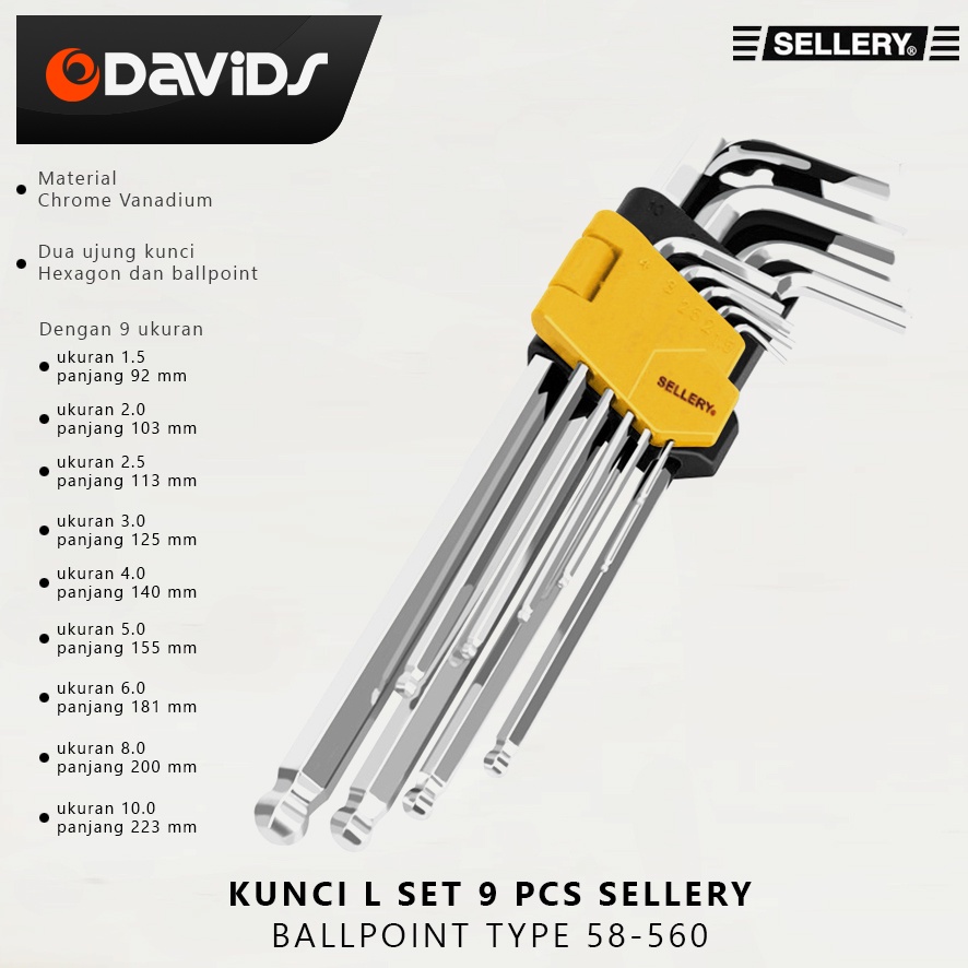 Kunci L Set Panjang Konci Baja Segi Enam 9 Pcs Ballpoint Sellery 58560