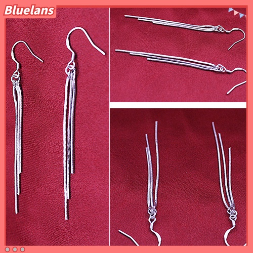 Bluelans Anting Kait Gantung Wanita Lapis Silver Hias Rumbai Slim Untuk Pernikahan