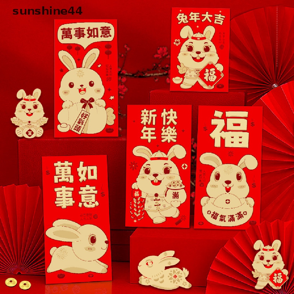 Sunshine 6Pcs Amplop Angpao Tahun Baru Cina / Imlek Gambar Kartun Kelinci Warna Merah 2023
