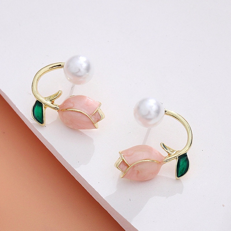 Anting Stud Desain Bunga Pink Aksen Mutiara Gaya Elegan Untuk Wanita