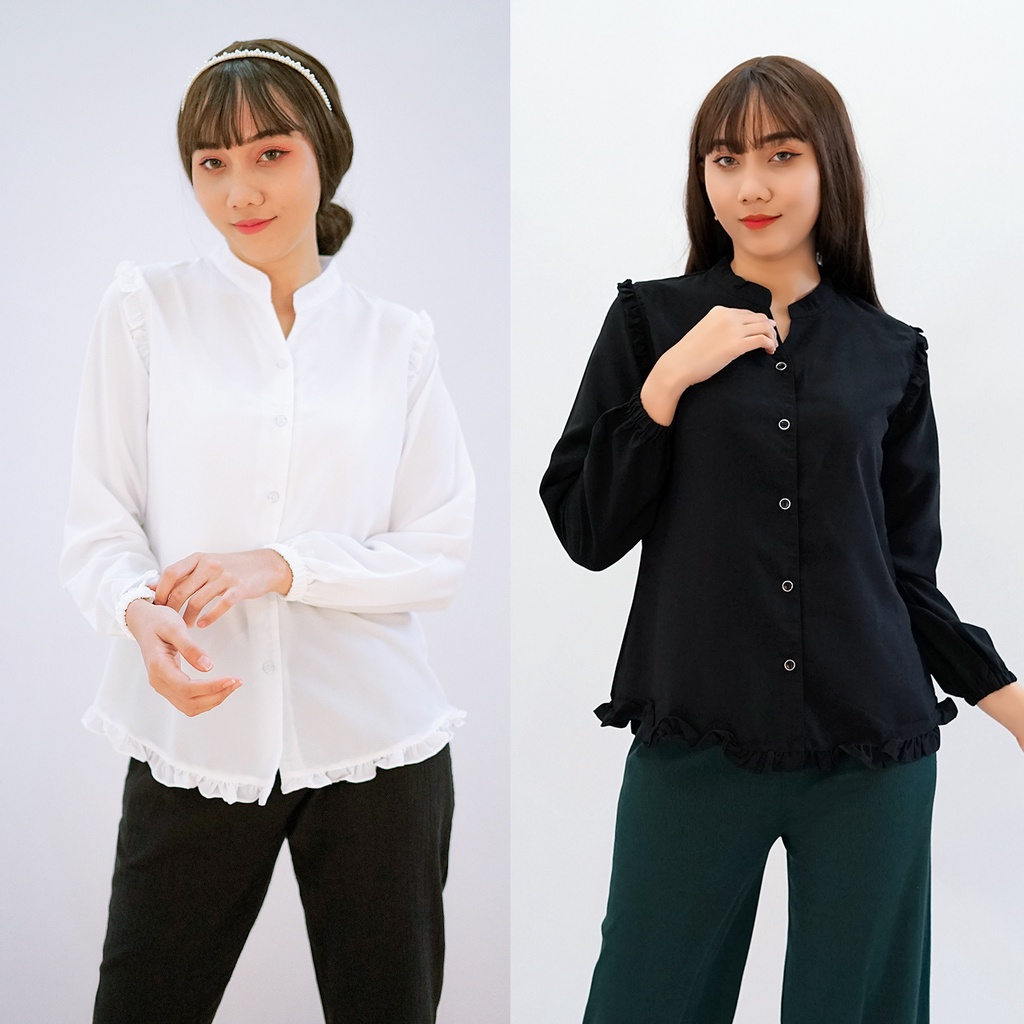 VT Kemeja Wanita Kekinian Bluse Wanita Lengan Panjang Baju Putih Cewek Terbaru Ala Korea VB0016