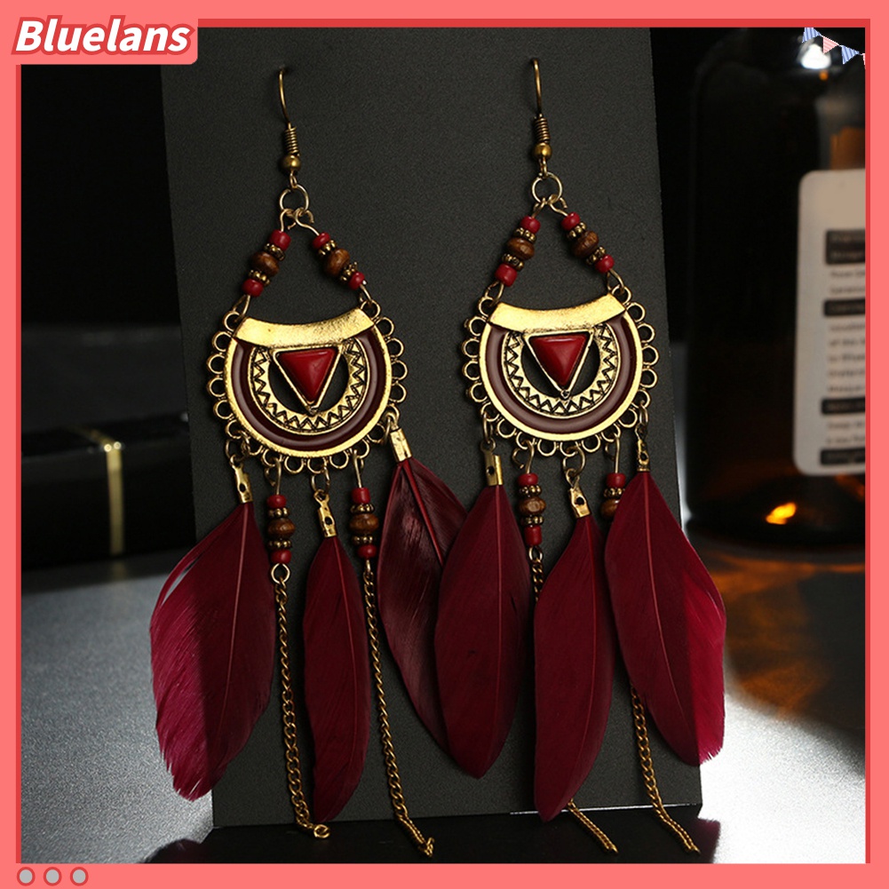 Anting Kait Gantung Wanita Desain Hollow + Rumbai Bulu Gaya Retro / Etnik Untuk Hadiah