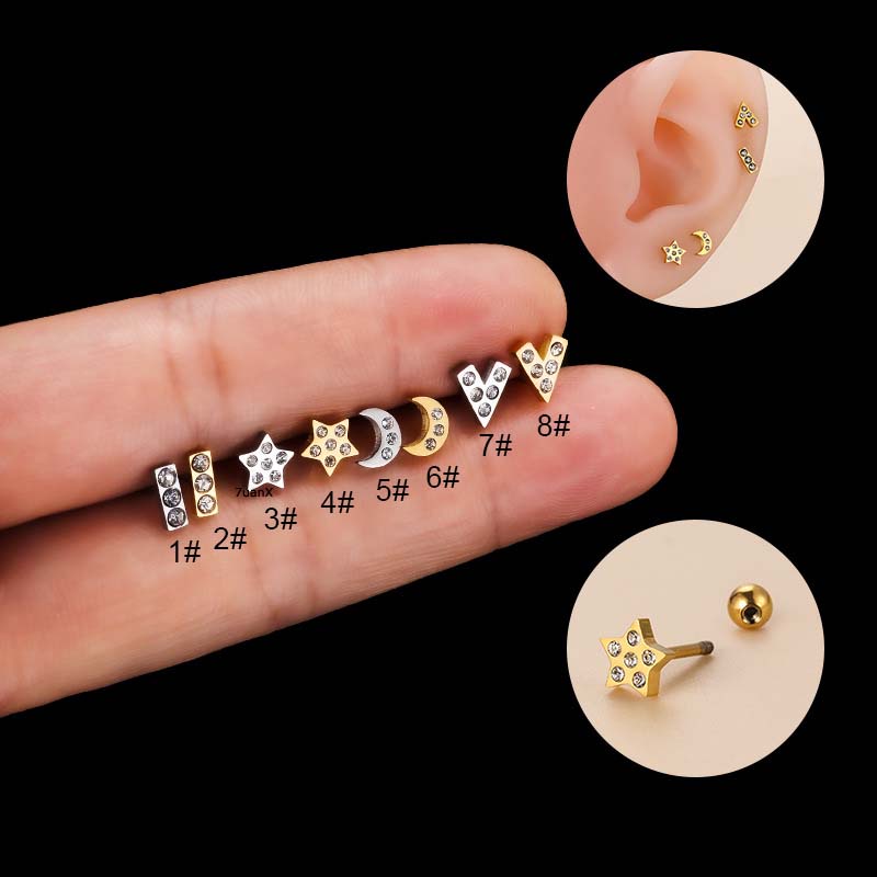 1pc Anting Tindik Tulang Rawan Telinga Bahan Stainless Steel Dengan Zircon 20 Gage