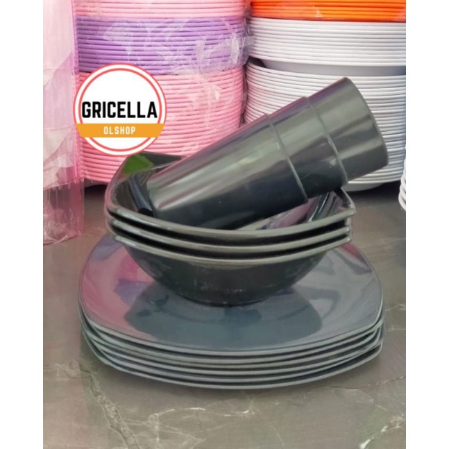 1 1 SET PERALATAN MAKAN ISI 1LUSIN PIRING MANGKOK DAN GELAS BAHAN MELAMIN MERK SINGA SINGI SNI TAHAN