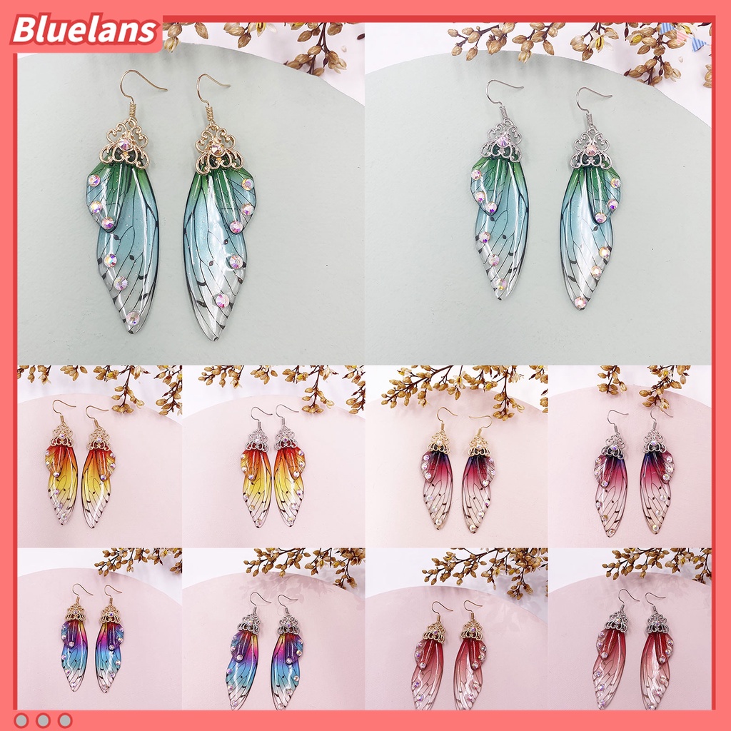 Anting Kait Desain Sayap Kupu-Kupu Aksen Berlian Imitasi Warna Gradasi Untuk Wanita