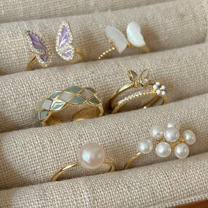 Fancyqube Fancycube Cincin Jari Bentuk Kupu-Kupu Aksen Mutiara Opal Bahan Alloy Untuk Wanita Butterfly