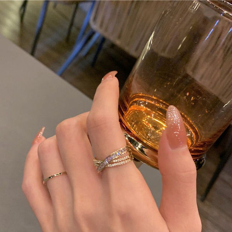 Cincin Model Terbuka Desain Silang Hias Zircon Gaya Simpleunik Untuk Wanita