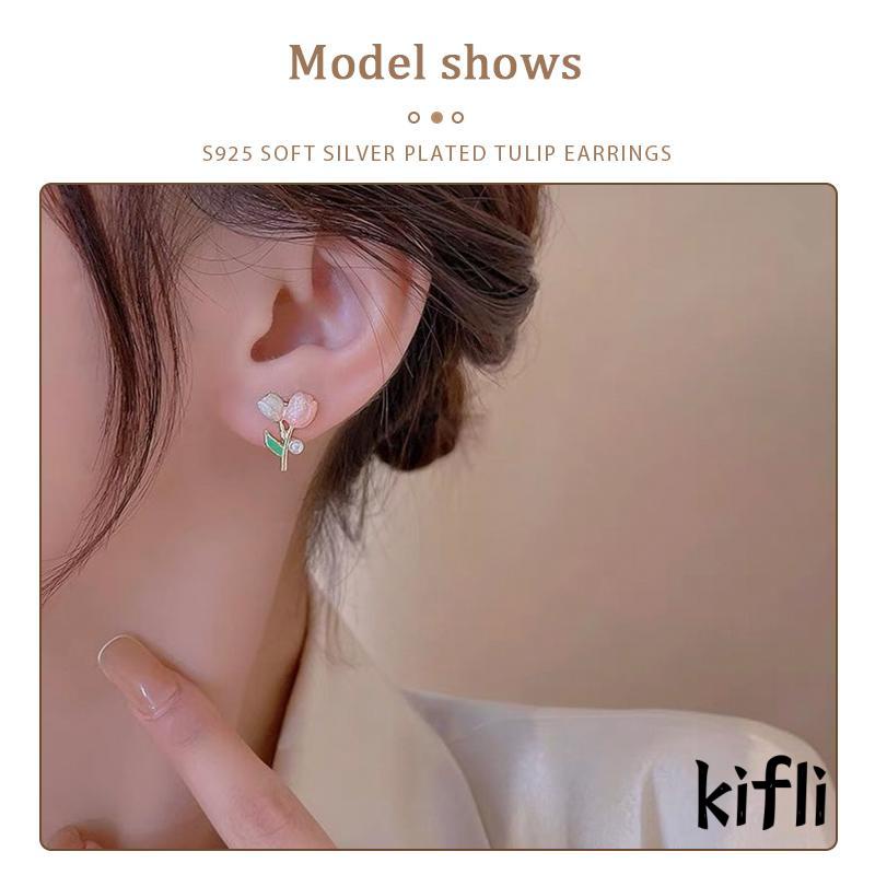 Anting Tusuk Bentuk Tulip Bahan S925 Silver Plated Untuk Wanita