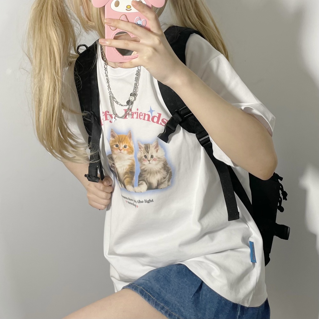 EUNII T-shirt Lengan Pendek Imut Kucing Pencetakan Longgar Korean Style/Kaos Atasan Wanita/Baju Kaus Oversize Wanita