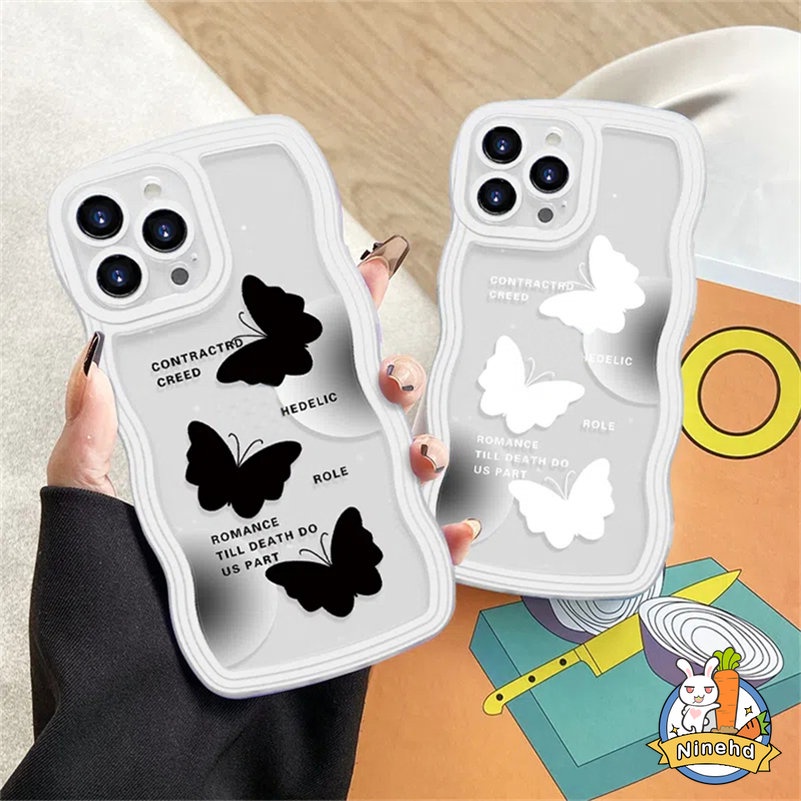 Soft Case Karet Tebal Shockproof Motif Kupu-Kupu Hitam Putih Untuk iPhone 14 13 12 11 Pro Max X Xr Xs Max 8 7 6 6s Plus