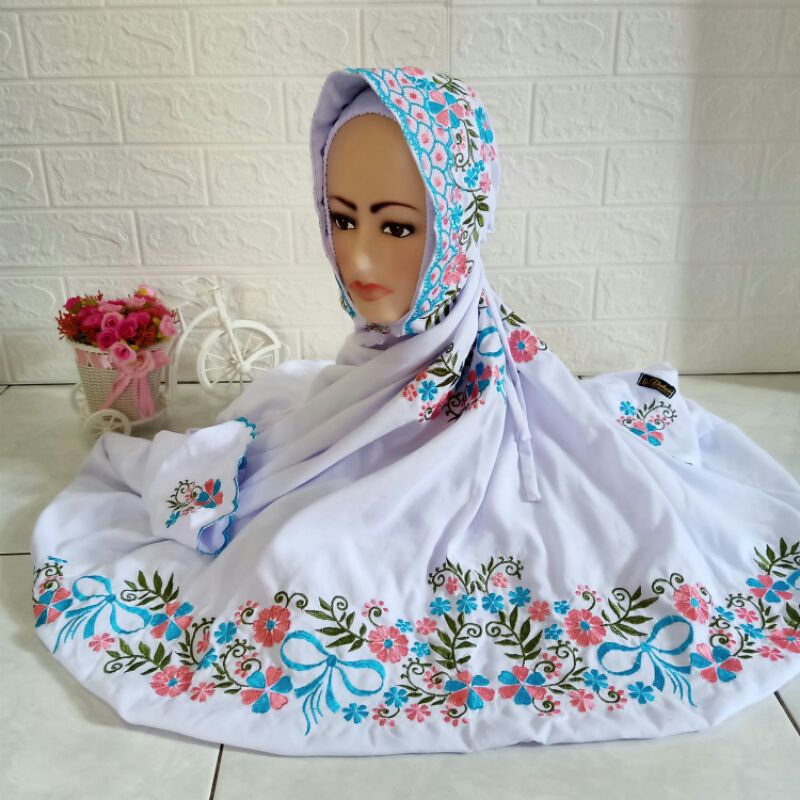 MUKENA TERUSAN new   mukena dewasa dasar putih mukena bordir  Terusan motif bunga Dewasa Santri Pond