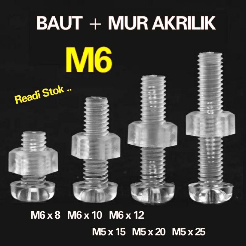 BAUT AKRILIK+ MUR AKRILIK M6 BENING TRANSPARAN SET BAUT MUR AKRILIK