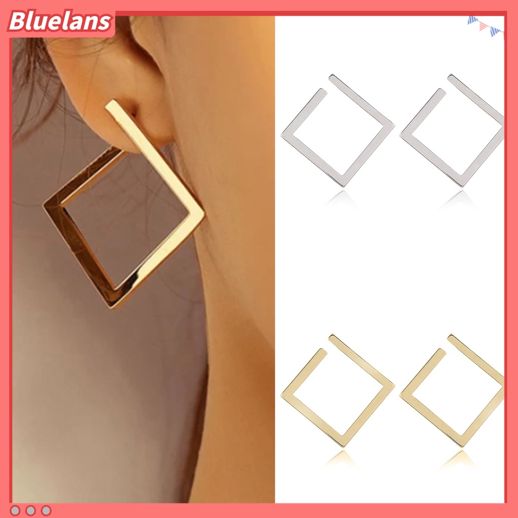 1 Pasang Anting Stud Bentuk Persegi Geometris Model Terbuka Bahan Alloy Untuk Wanita