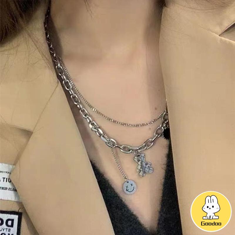 COD Kalung Rantai wanita silver Klavikula Desain Beruang Tersenyum Gaya Korean Fashion kalung Liontin Hip Hop Untuk Aksesoris -Doo