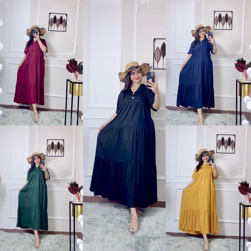 DASTER RUFFLE RAYON MIDI BUSUI FRIENDLY - DASTER PANJANG REMPEL SUSUN 3 - GAMIS RAYON TERLARIS