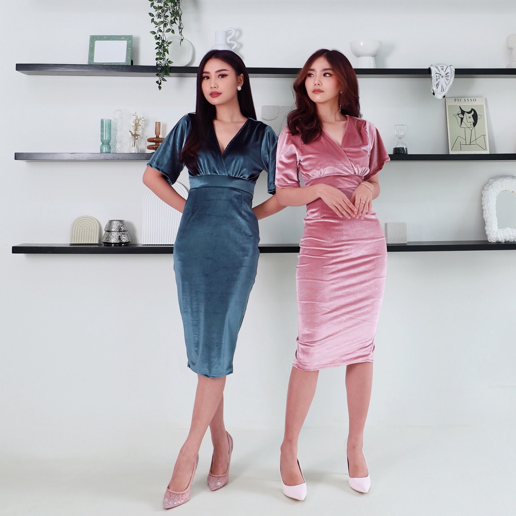 Dress Bodycon Velvet Parafin Dres Wanita Party Casual