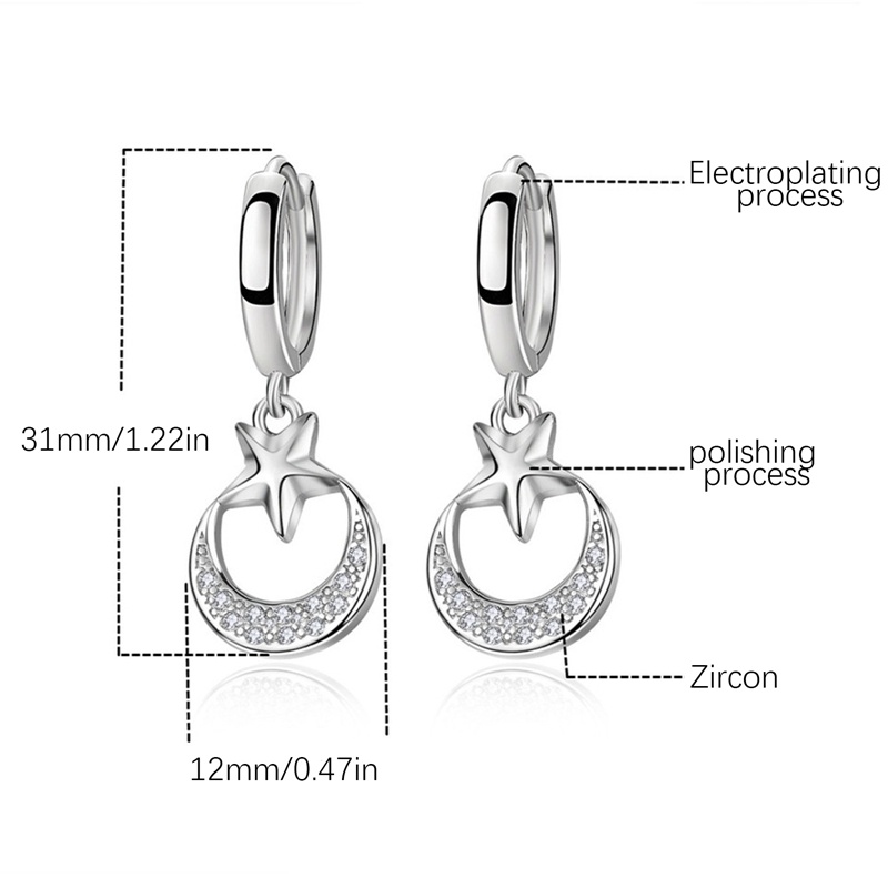 Anting Juntai Bentuk Bulan Bintang Bahan 925 Sterling Silver Untuk Wanita