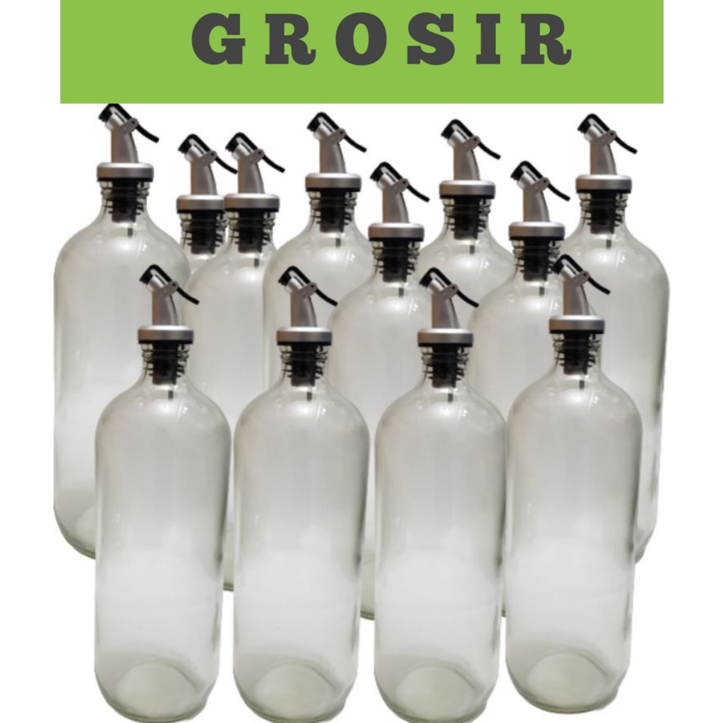 Botol Kaca 1 liter Tutup Flip Pourer Silver  / Botol Bolles / Botol Madu / Botol kecap / Botol Dapur  / Botol Jamu kaca 1 liter1