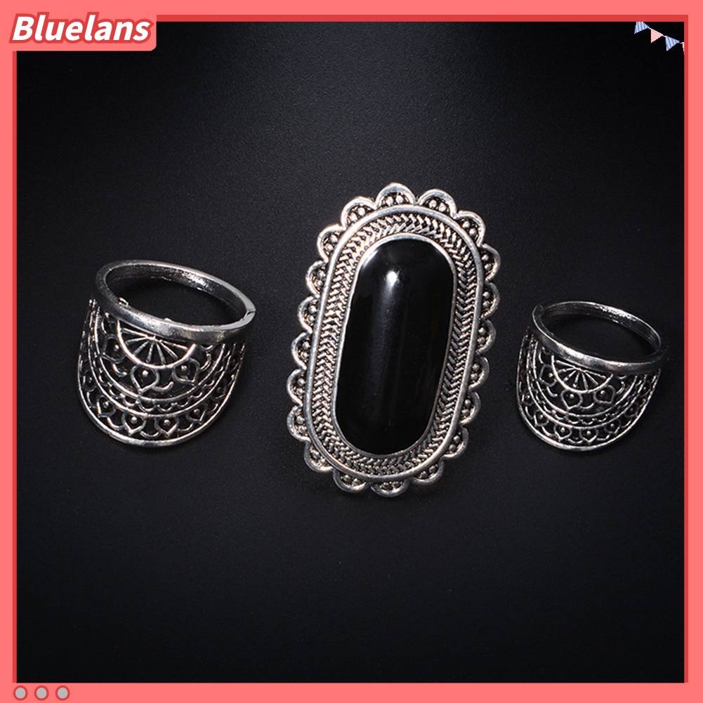 Bluelans 3Pcs Vintage Hollow Out Women Finger Ring Set Gift Rhinestone Party Jewelry