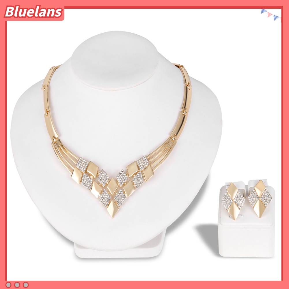 Bluelans Women KC Gold Plated Rhombus Shape Necklace Earrings Rhinestones Jewelry Set