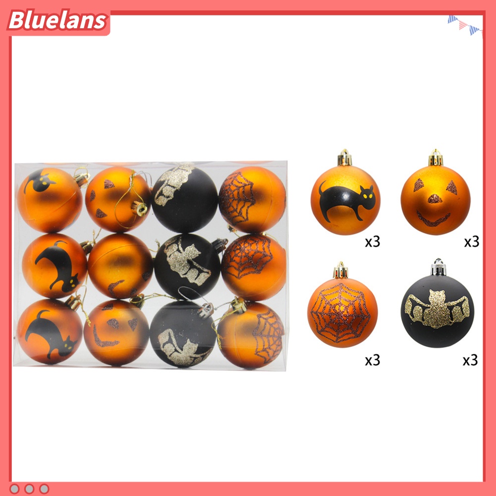 12pcs Ornamen Gantung Bentuk Bola Bulat Motif Kucing Kelelawar Untuk Pesta Halloween