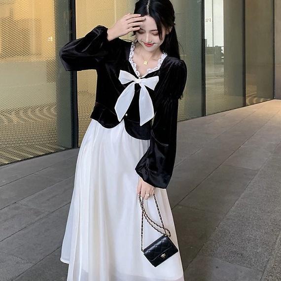 Terlaris Baru Perancis Hepburn Dress Retro Temperamen Beludru Palsu Rok Dua Potong