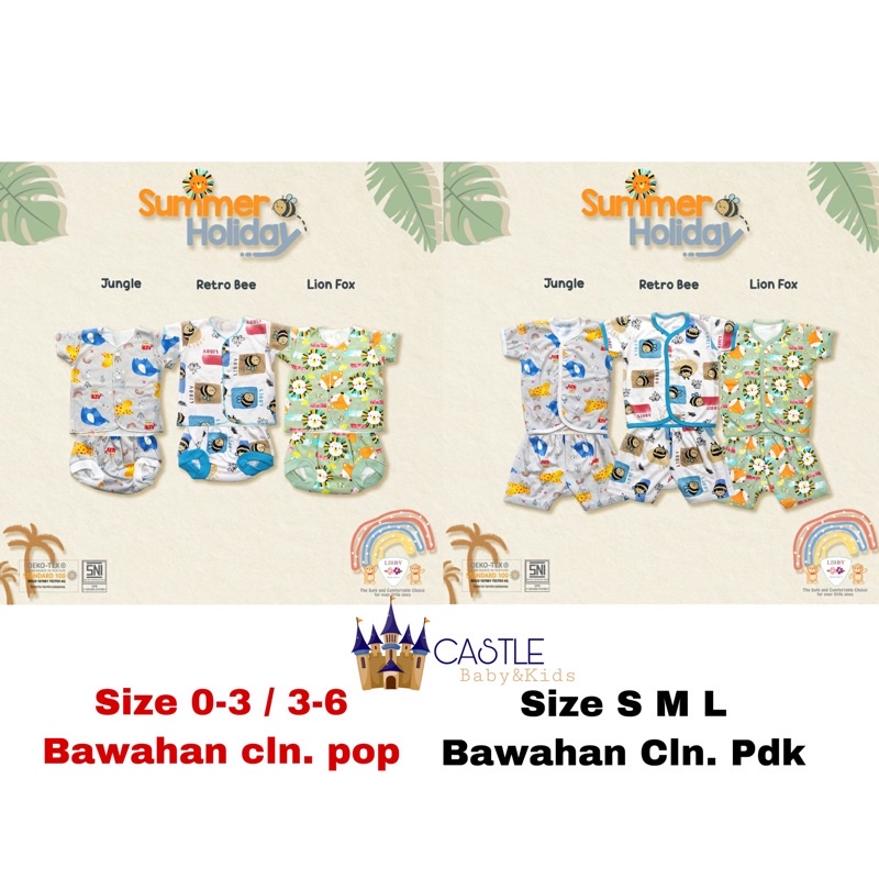 Libby Stelan Baju Kancing Depan Pendek + Celana Pendek 0-3m 3-6m SML