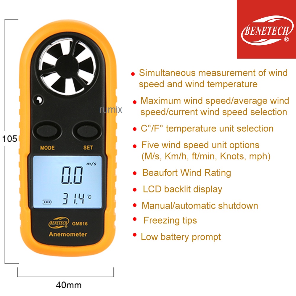Digital Wind Anemometer GM816 Pengukur Kecepatan Angin GM 816 Tester Velocity Benetech Anemo Meter