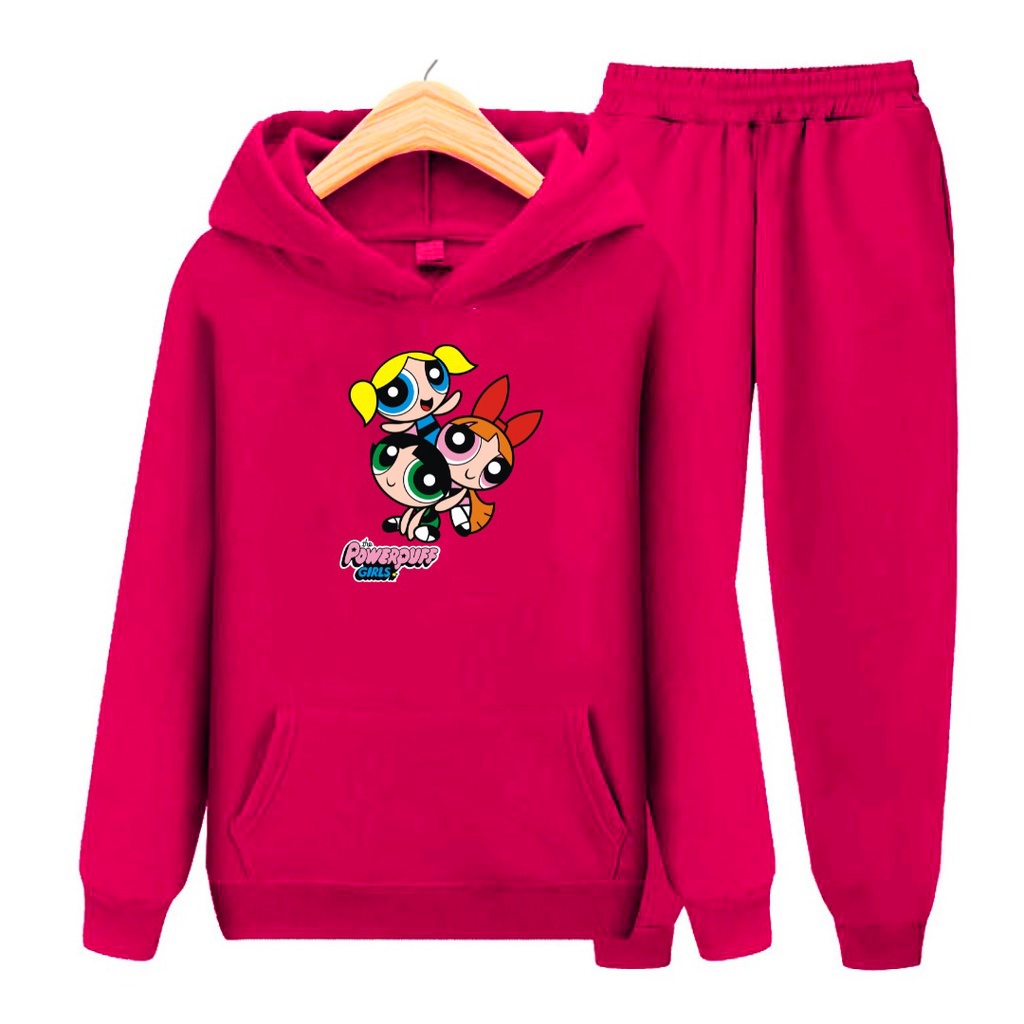 Setelan Sweater Anak Hoodie PowerPuff Girl/ Baju Topi Anak Perempuan