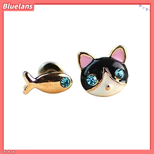 Bluelans 1 Pasang Anting Stud Desain Kucing Ikan Aksen Berlian Imitasi Gaya Korea Untuk Wanita