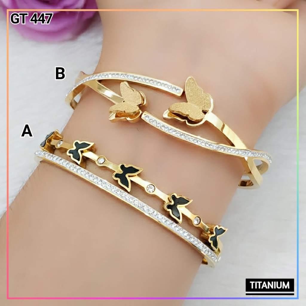 Gelang titanium/stainless steel Gelang Premium Bangle Kupu Warna Gold Perhiasan Wanita Anti Karat GT 447